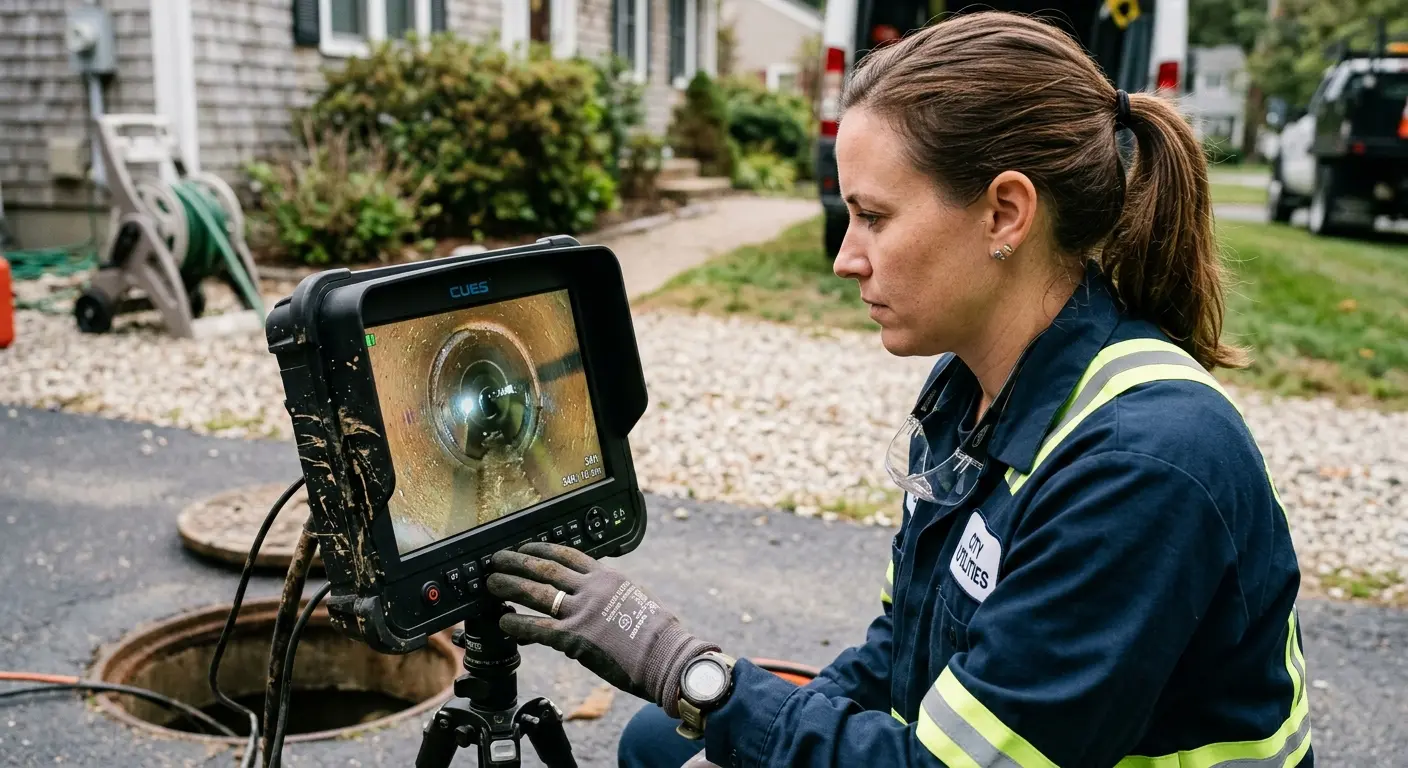 Technician reviewing sewer camera inspection footage in Castro Valley